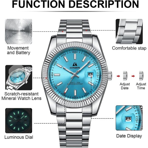 ⚡silver Light Blue Waterproof Analog Quartz Watch Men's Wrist Fashion Casual - Picture 7 of 14